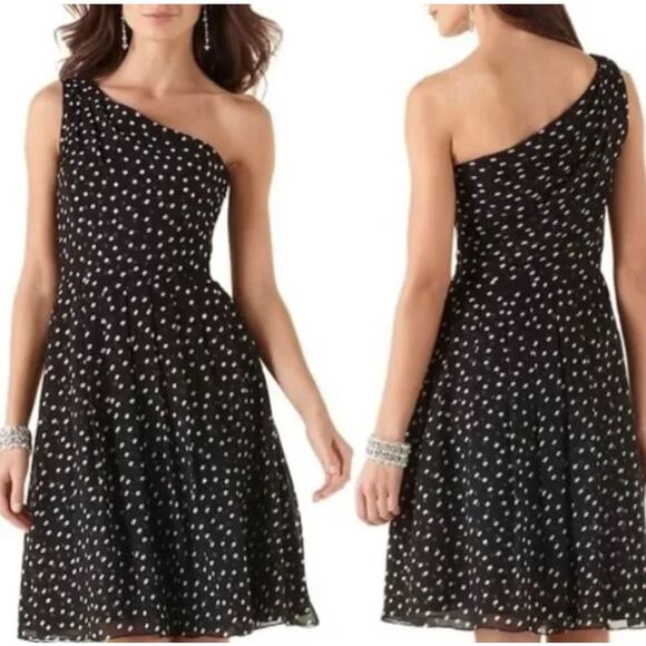 WHBM Asymmetric Dress Size 10 Black and White Polka Dot Twee Cocktail Preppy - Picture 3 of 10